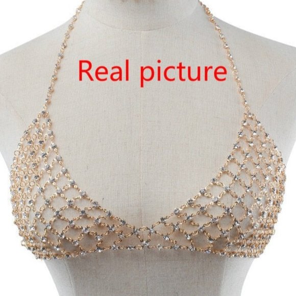 Sexy Gypsy Chain Bikini bra Rhinestone body Jewelry Harness V Statement Necklace - Picture 5 of 10